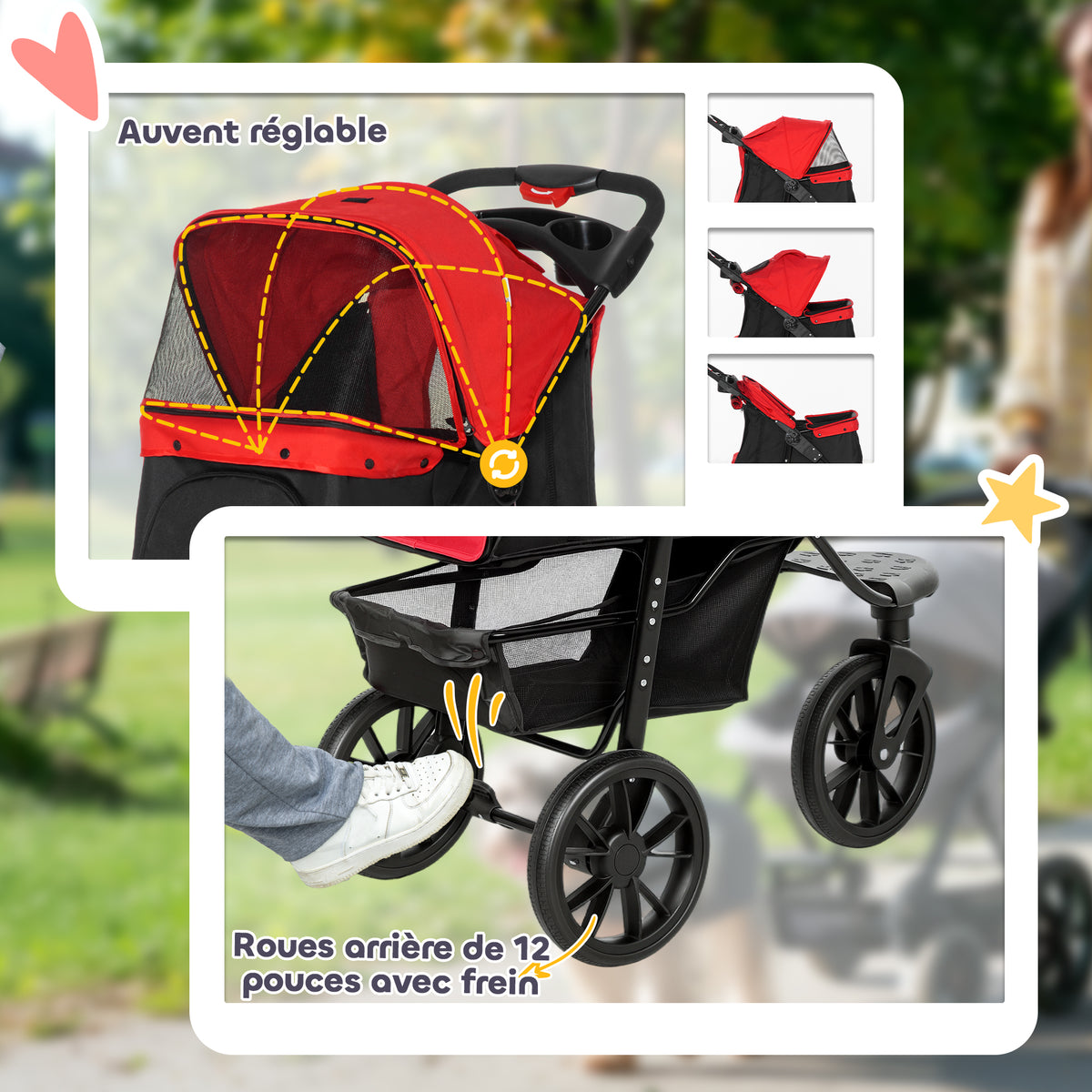 Poussette pour chien chariot pliable 3 roues tout-terrain EVA 12" auvent ajustable 2 laisses 109,5x57,5x106,5cm rouge-6