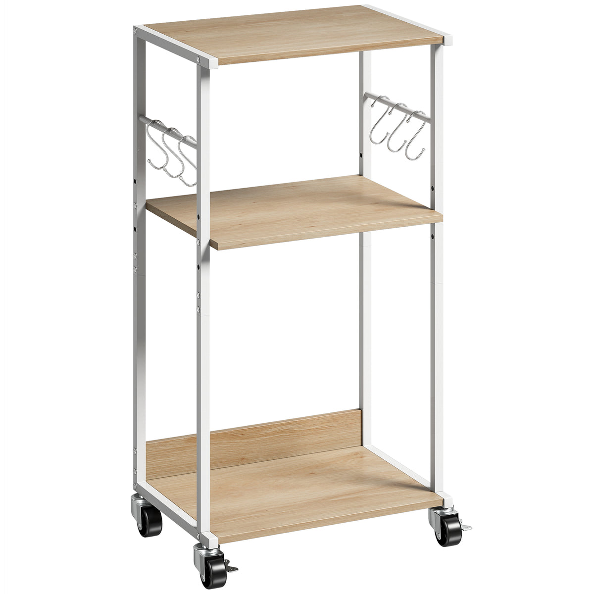 Support pour Imprimante à 3 Niveaux avec Roulettes et Crochets, Étagère de Rangement pour Bureau, Salon, Bois Naturel-0
