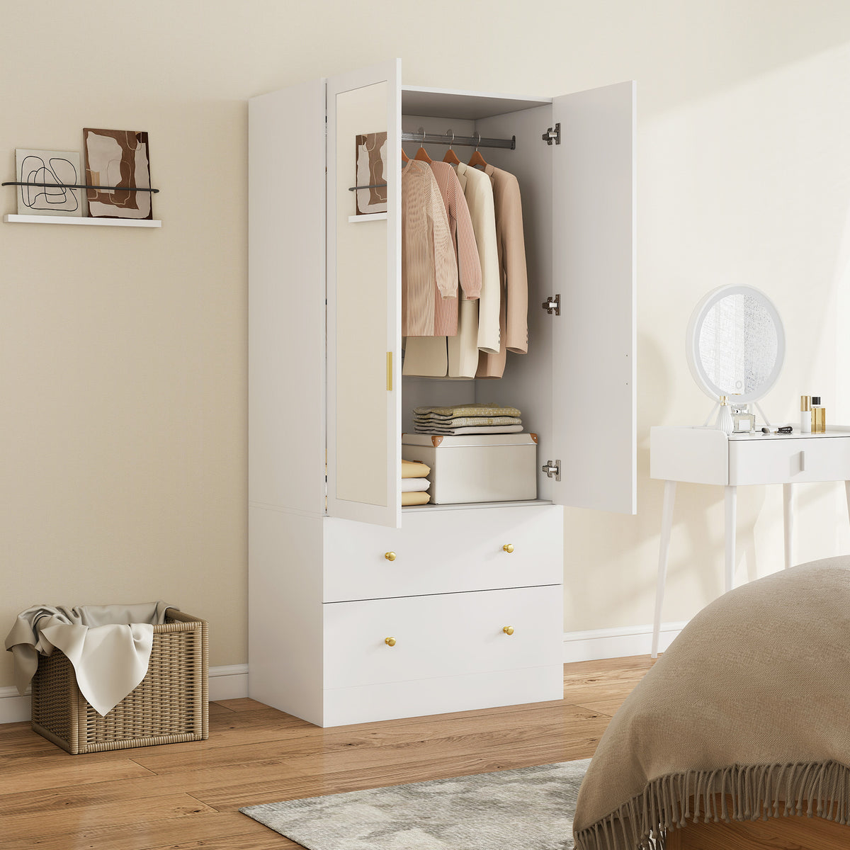 Armoire chambre penderie avec miroir, 2 portes, 2 tiroirs et barre de suspension, 80 x 50 x 180 cm, blanc-1
