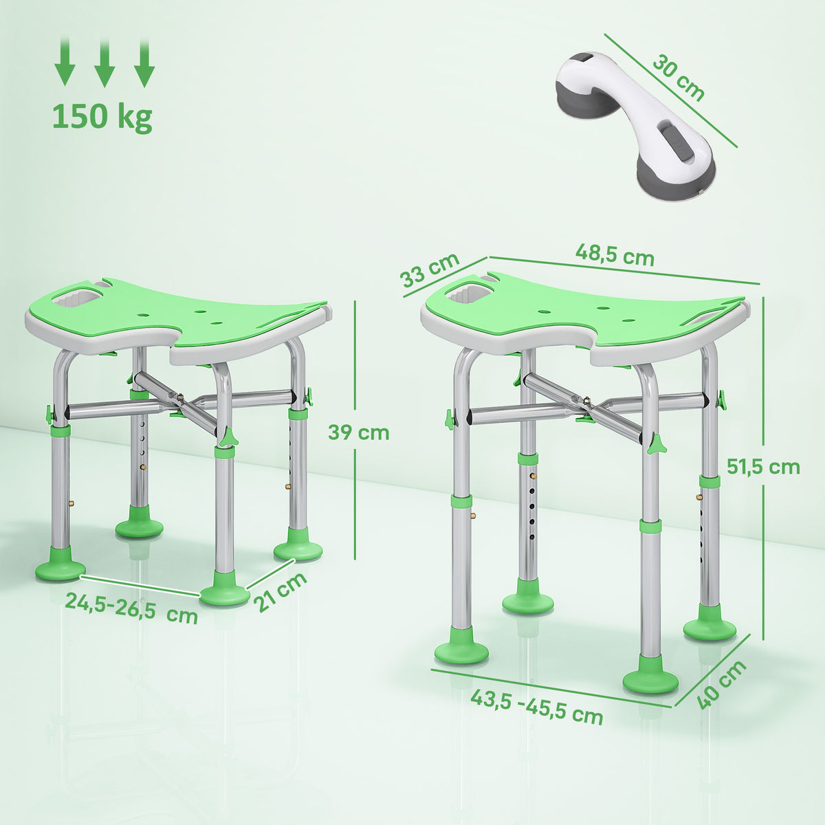 Tabouret de Douche, Hauteur Ajustable 39-51,5 cm, Barre d'Appui à Ventouse, Patins à Ventouse, Vert-2