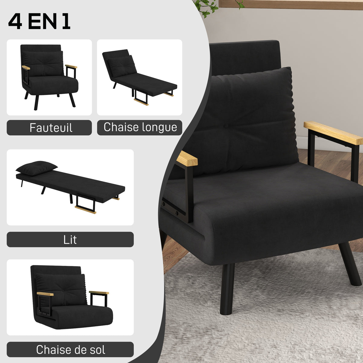 Fauteuil convertible 4 en 1 lit 1 place dossier 5 positions, accoudoirs en bois et coussin, tissu effet velours, noir-3