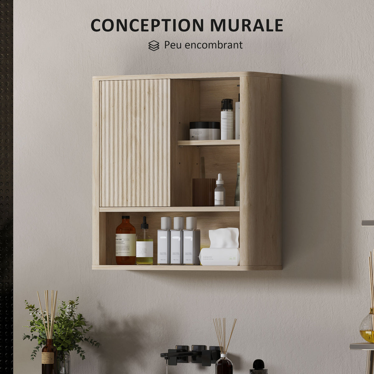 Armoire murale salle de bain avec étagères réglables, porte coulissante et étagères ouvertes, bois naturel-4