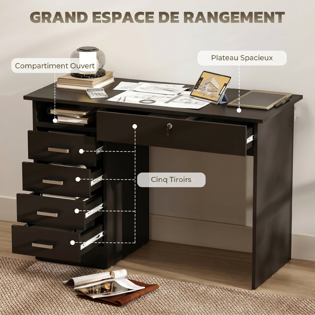Bureau moderne avec 5 tiroirs, grand plateau, 1 compartiment ouvert, tiroir verrouillable, 110 x 50 x 76cm, noir-3