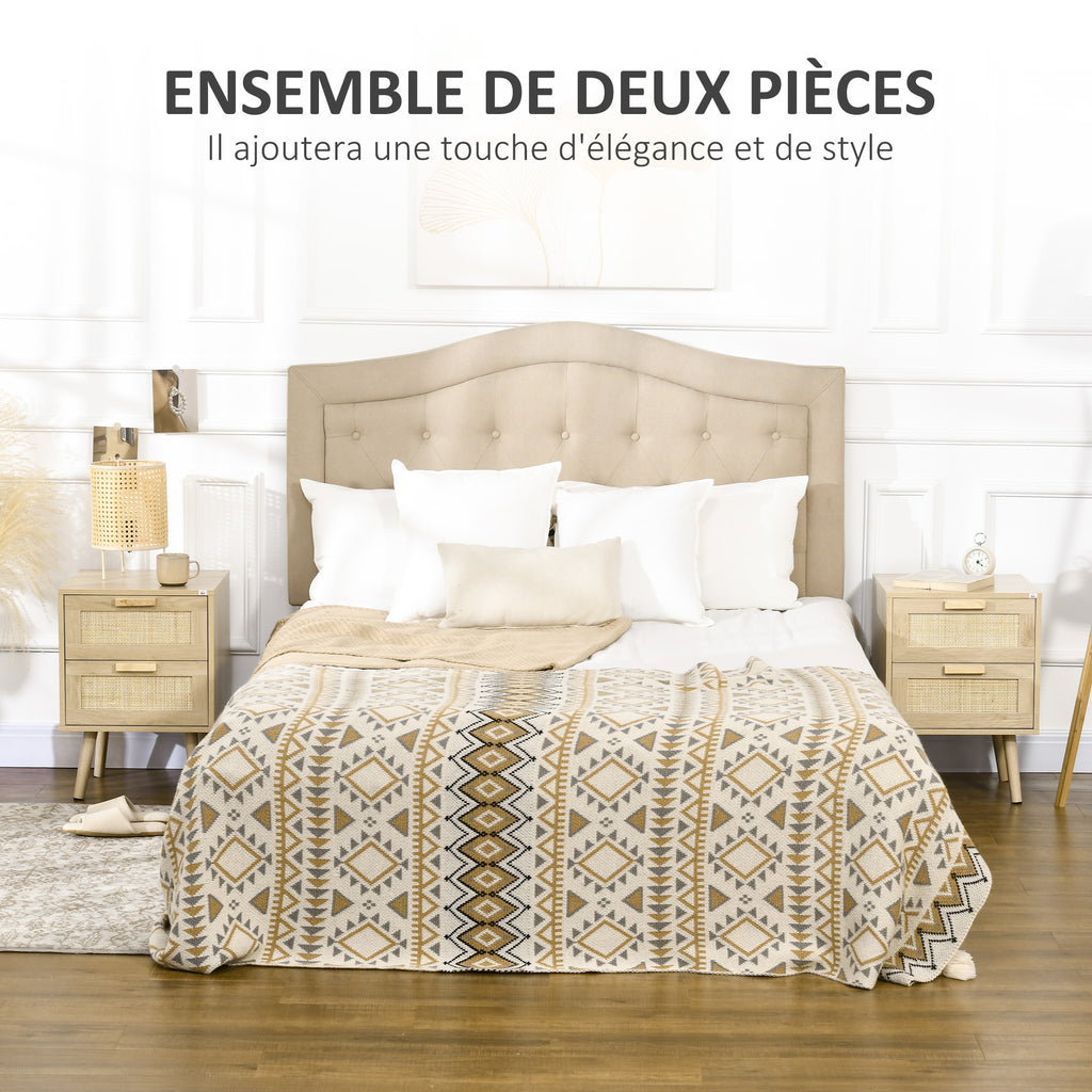 Lot de 2 tables de chevet tables d'appoint 2 tiroirs façades aspect cannage rotin style bohème 40 x 40 x 56 cm naturel-3