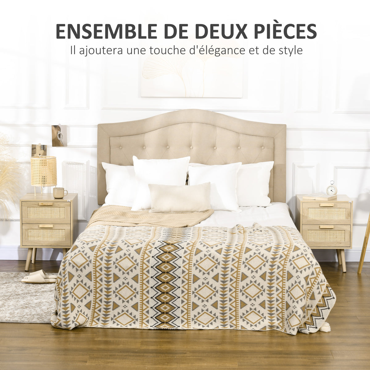 Lot de 2 tables de chevet tables d'appoint 2 tiroirs façades aspect cannage rotin style bohème 40 x 40 x 56 cm naturel-3