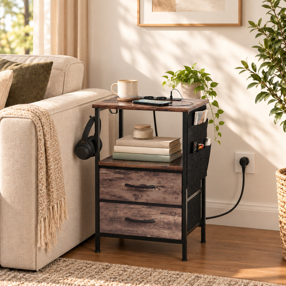 Table d'Appoint, Bout de Canapé, 2 Tiroirs et Sac de Rangement, Station de Charge, 40x30x60cm, Brun Rustique et Noir-7