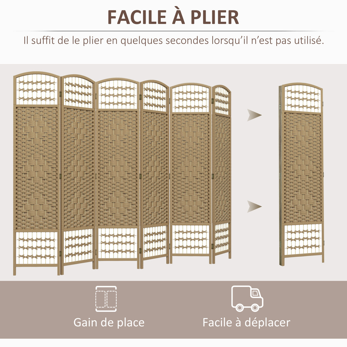 Paravent intérieur en bois séparateur de pièce cloison pliable 6 panneaux 240 x 170 cm bois naturel-3