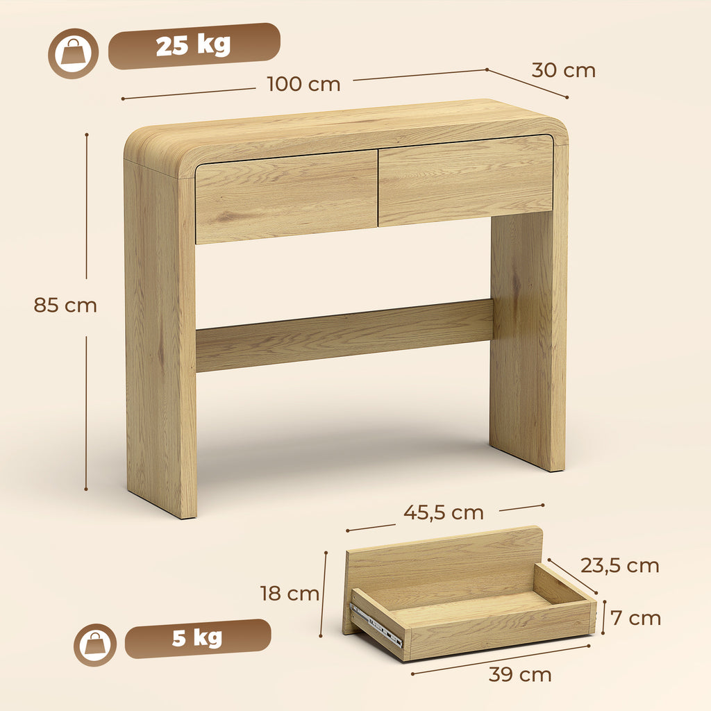 Table Console avec 2 Tiroirs, Console Meuble, 100 x 30 x 85 cm, Coins Arrondis et Plateau Épais, Bois Naturel-2