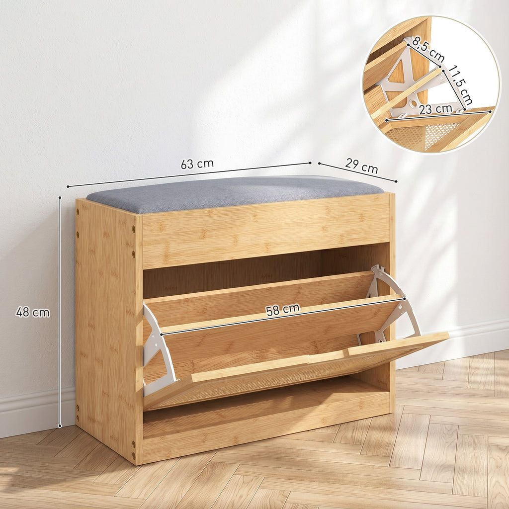 Banc chaussures entrée, banc de rangement en bambou, assise rembourrée, porte en rotin et étagère réglable, bois naturel-2