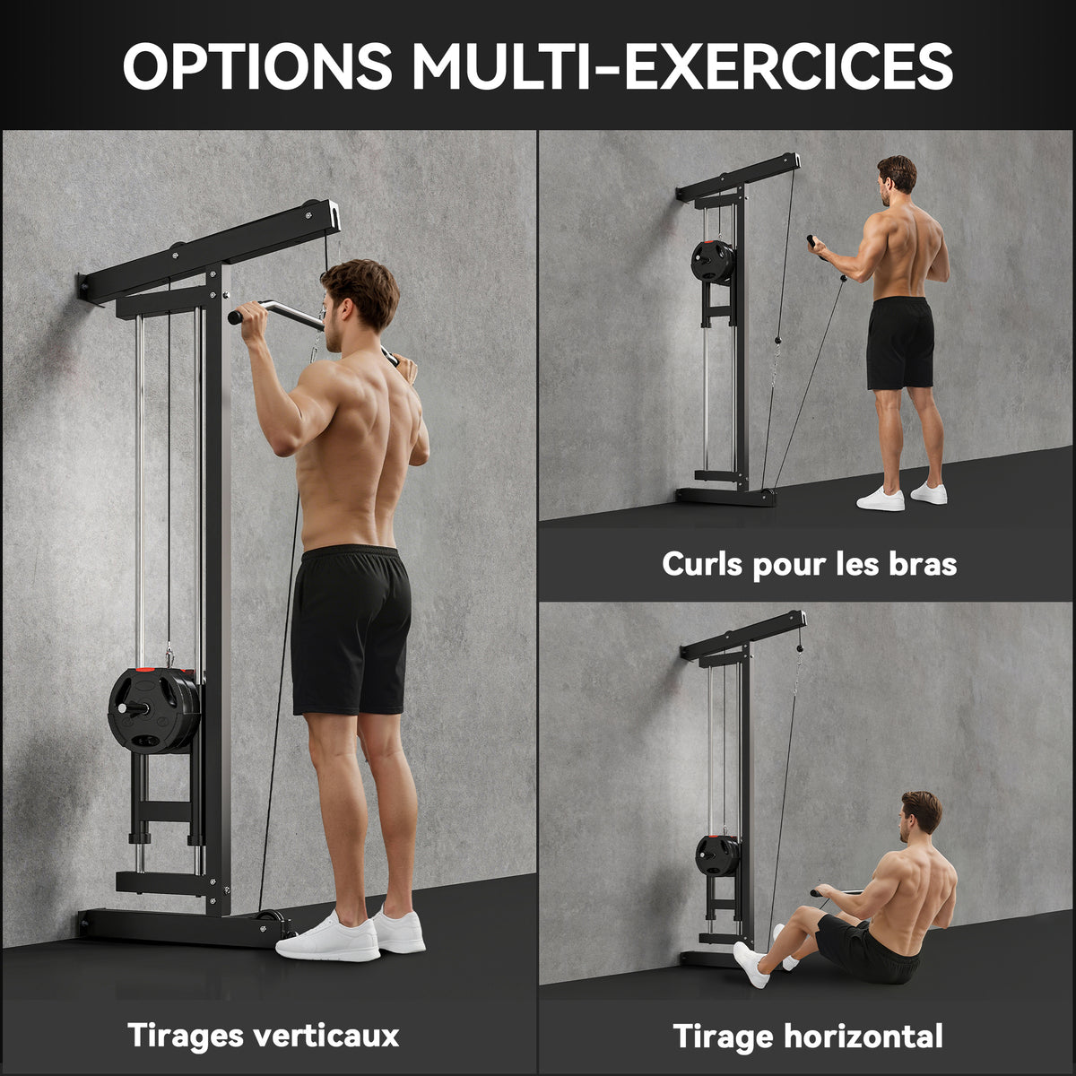 Appareil de musculation mural, station de traction, poulie haute et basse, 2 poulies, en acier, 75 x 16 x 192 cm, noir-3