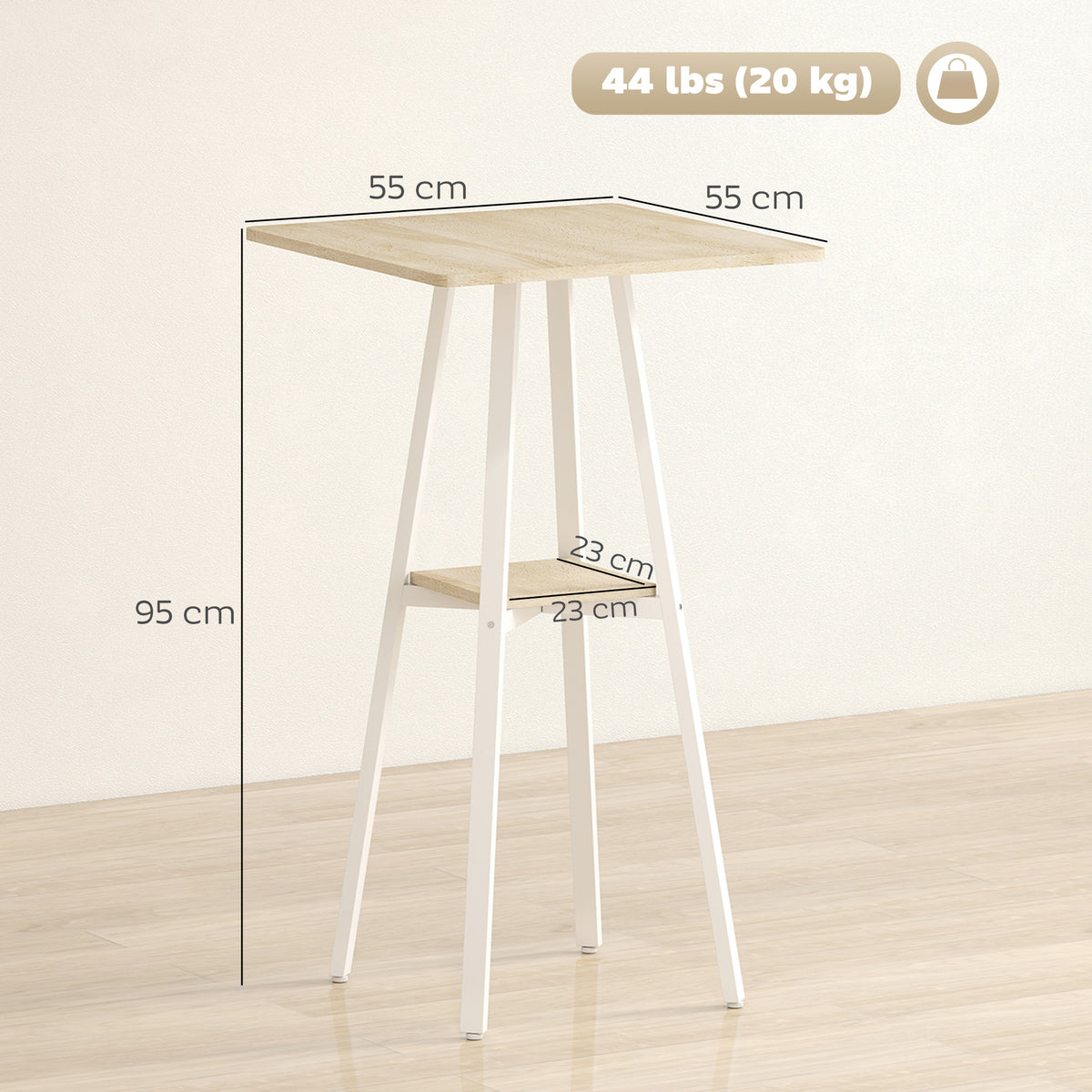 Table de bar carrée pour 2 personnes, table haute cuisine mange-debout avec étagère, 55 x 55 x 95 cm, naturel et blanc-2