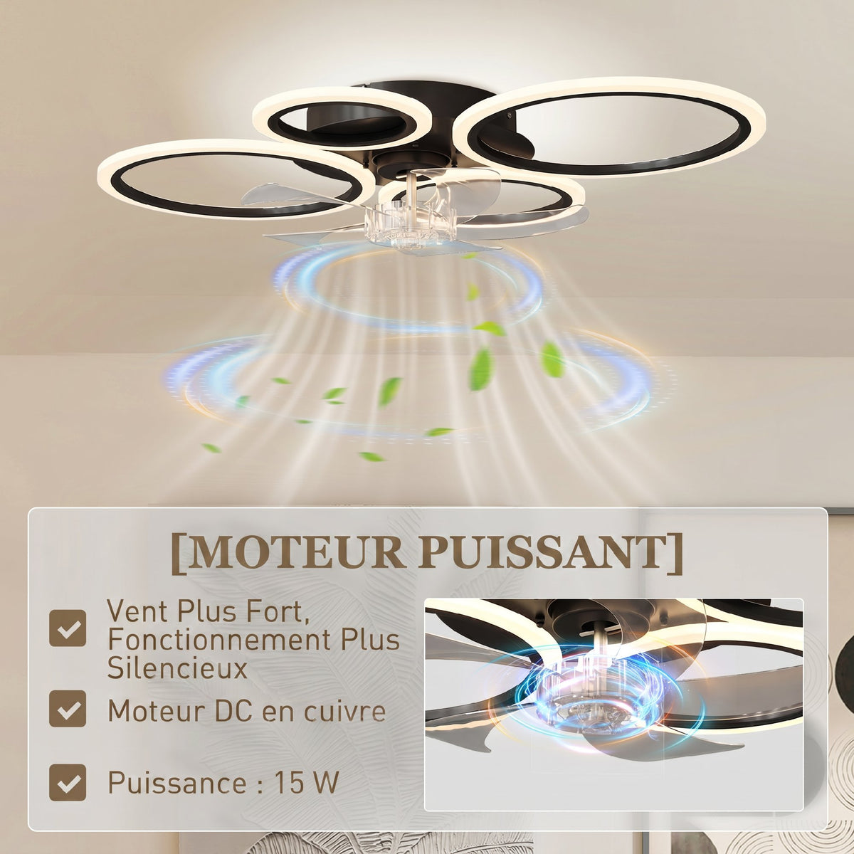 Ventilateur de plafond avec lumière et télécommande, plafonnier ventilateur 77 cm avec 6 vitesses, noir-5