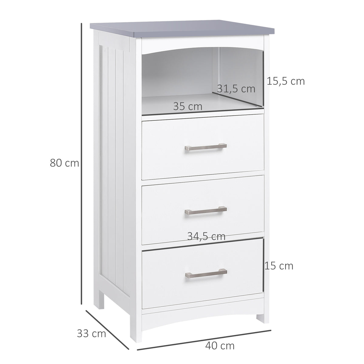 Meuble de salle de bain sur pied meuble de rangement avec 3 tiroirs et 1 niche 40 x 33 x 80 cm blanc-2