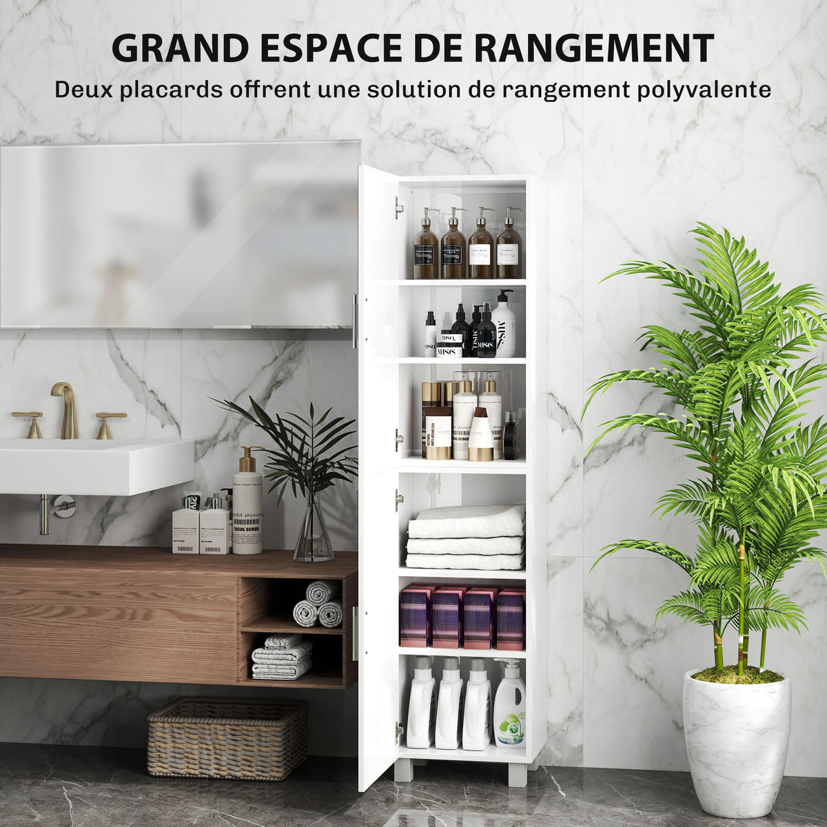 Armoire salle de bain haute meuble de rangement colonne 2 portes et étagères réglables 40 x 30 x 167,5 cm blanc-3