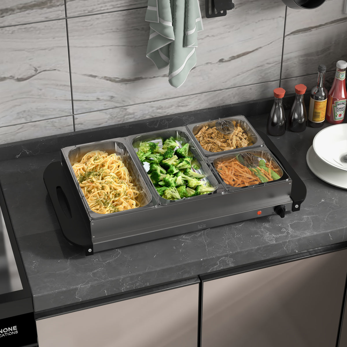 Chauffe-plats électrique acier inoxydable 300 W capacité 2 x 2,4 L et 2 x 1 L plaque chauffante et températur réglable-1