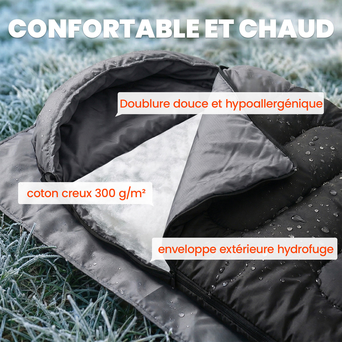 Sac de Couchage Adulte, avec Section Tête, Fermeture Éclair et Sac de Rangement, 300 g/m², 215x75x10cm, Noir-3
