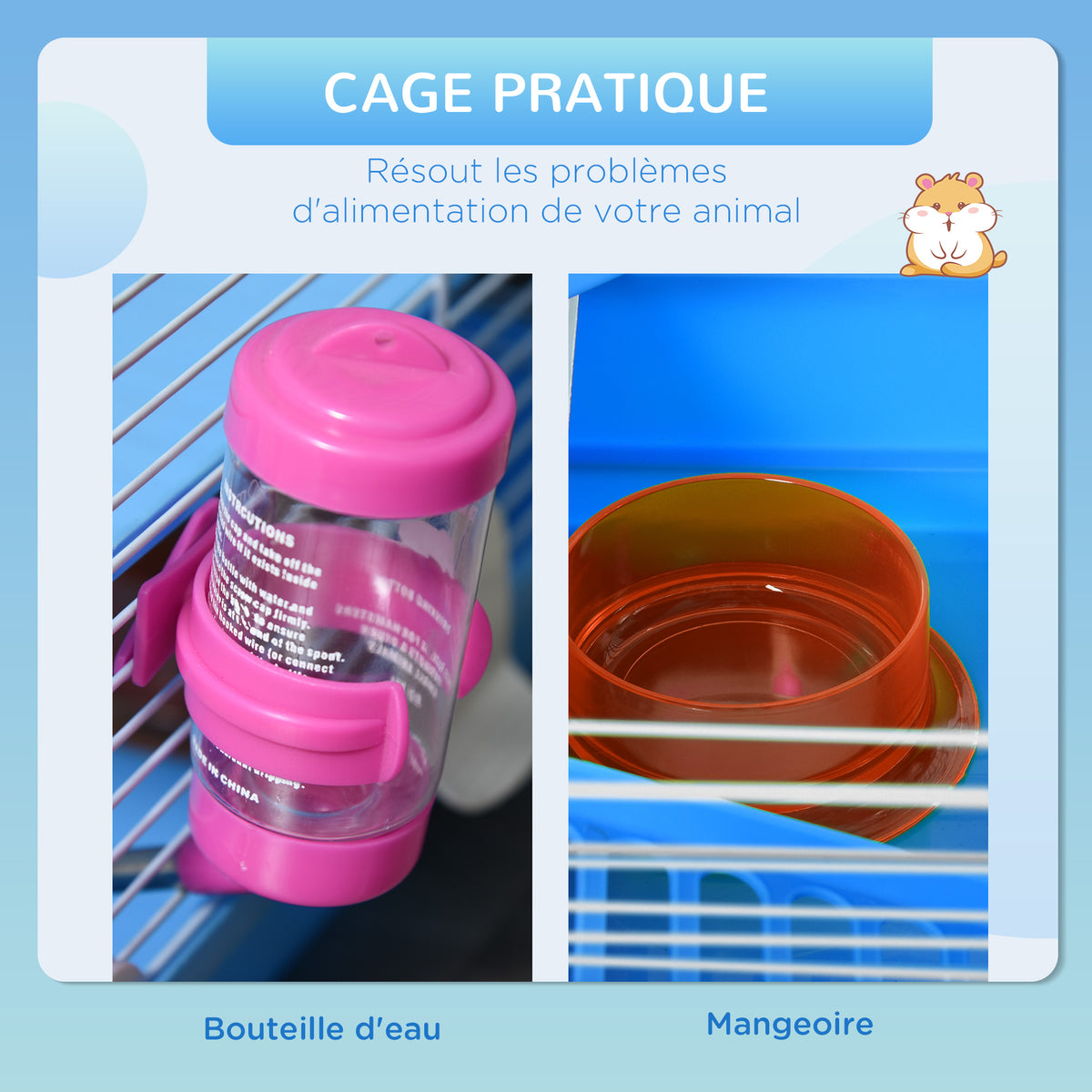 Cage à hamster rongeur 2 niveaux avec tunnel, biberon eau, roue, maisonnette, échelles dim. 46L x 30l x 37H cm, bleu-4