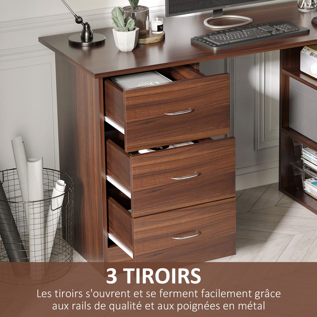 Bureau d'ordinateur avec 3 tiroirs et 3 étagères ouvertes, 120x49x72cm, bureau avec rangement réversible, style moderne, table informatique pour chambre, petit espace, télétravail, noyer-4