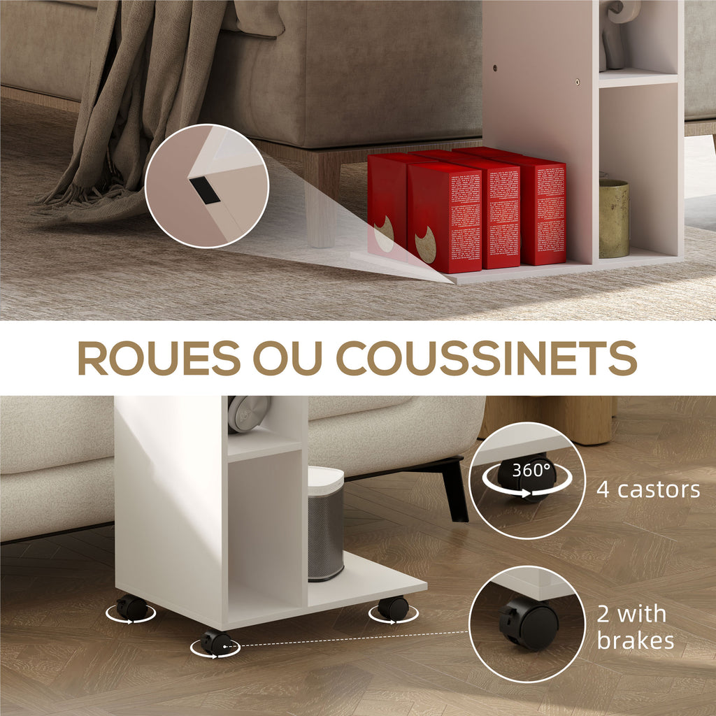 Table d'appoint en forme de C avec roulettes, avec 3 compartiments et 1 étagère ouverte, 40 x 30 x 69 cm, blanc-6