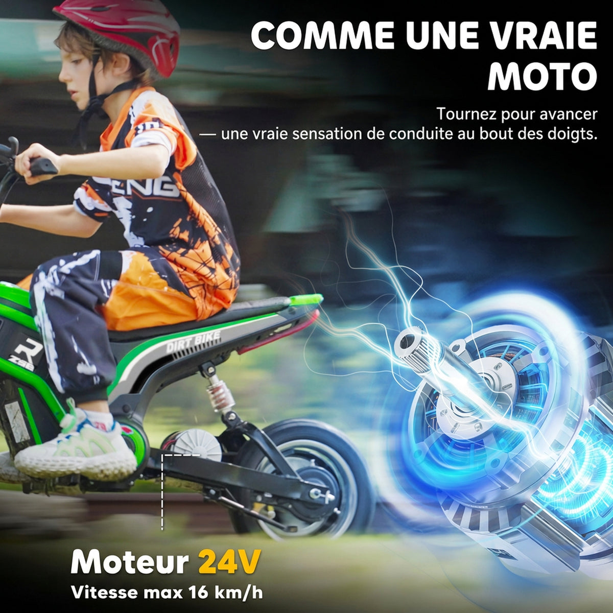 Moto cross électrique enfant moto électrique enfants moteur 350 W batterie 12V 8-16 km/h pneus gonflables 12'' vert-4