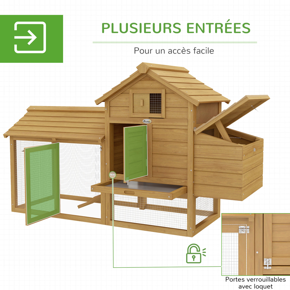 Petit poulailler cottage cage à poules sur pied dim. 151L x 54l x 87H cm multi-équipement bois massif de sapin-4