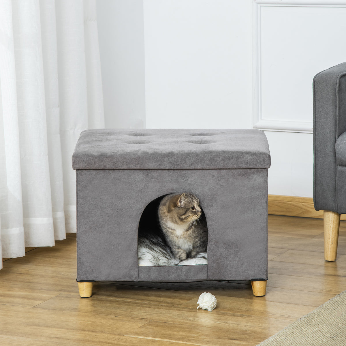 Niche chat maison de chat design surélevé avec coussin amoviable et lavable en peluche doux repose-pieds, dessus ouvrable, gris-7
