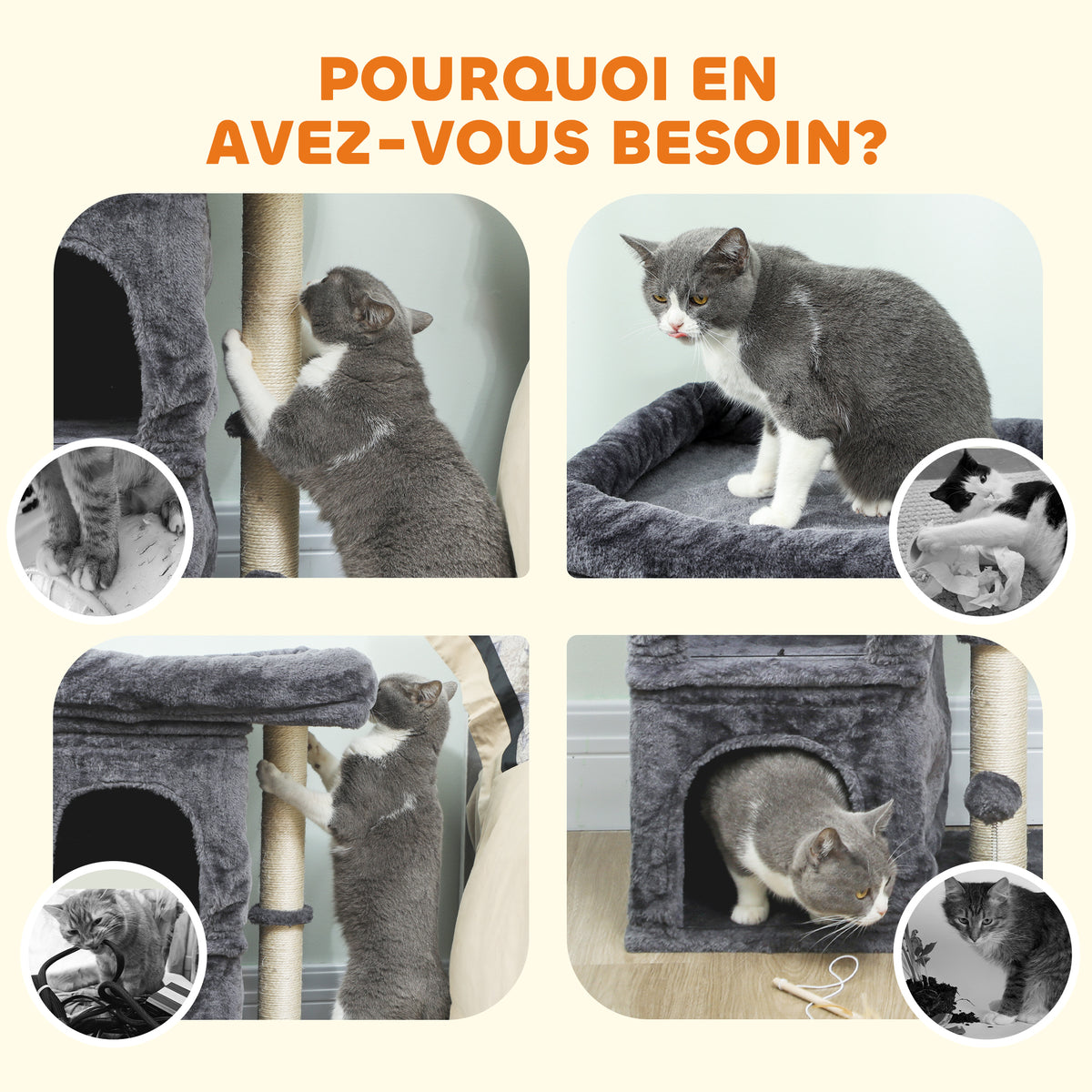 Arbre à chat, tour de jeux pour chat, plateforme, 2 niches et balle griffoirs en sisal, 45 x 40 x 66 cm, gris foncé-6