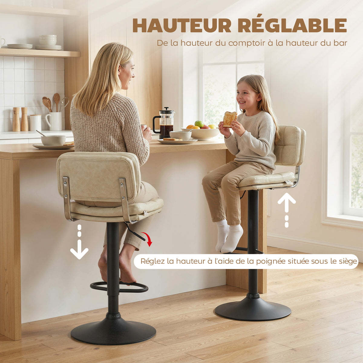 Lot de 2 tabourets de bar Vintage capitonné - pivotant, réglable - repose-pied - revêtement synthétique crème-3