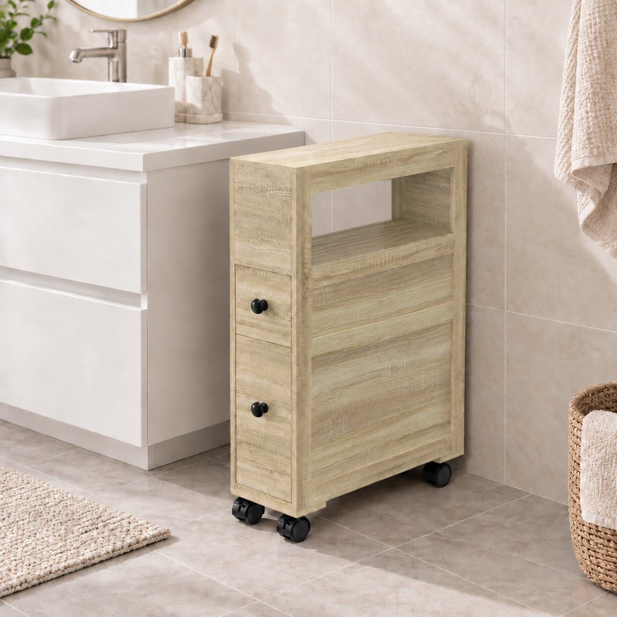 Meuble de rangement de salle de bain sur roulette armoire WC toilettes étagère ouverte 2 tiroirs 16 x 52 x 71,5 cm chêne-1