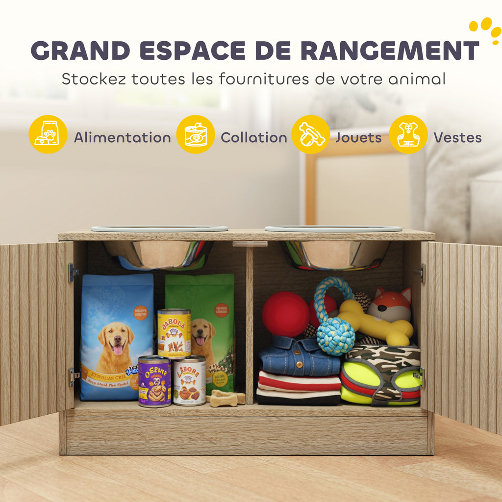 Gamelles pour chiens surélevées porte-gamelles avec rangement de 40L, 2 bols en acier inoxydable 60 x 30 x 35,5 cm chêne-4
