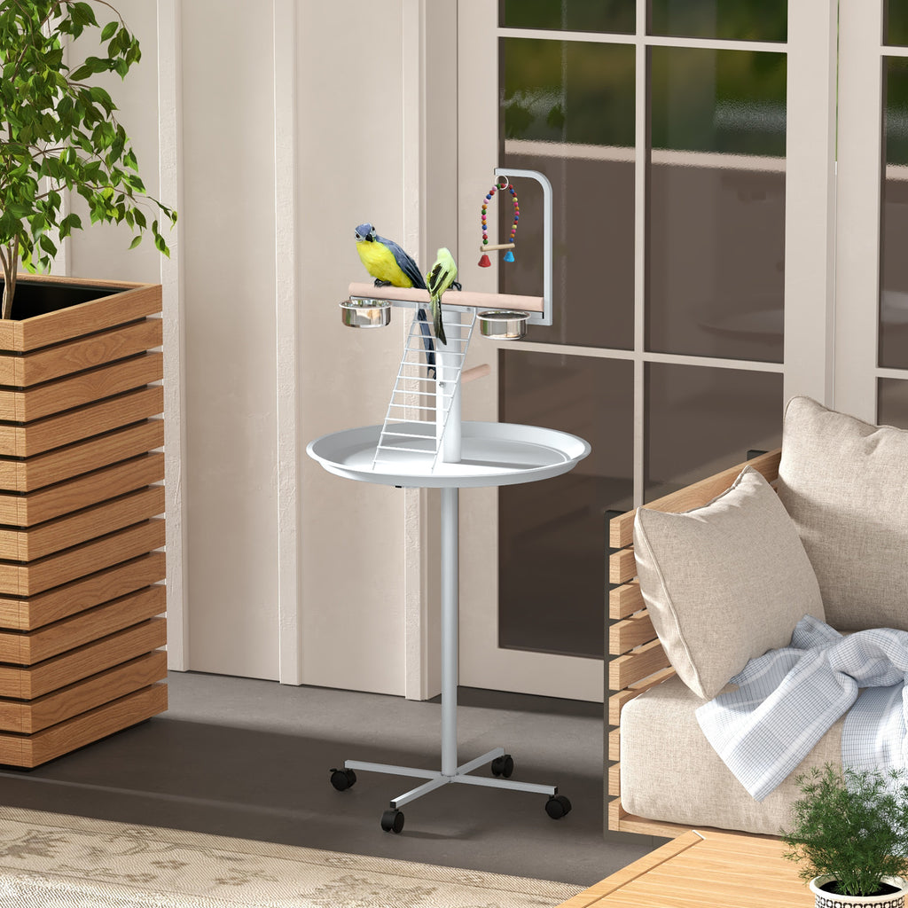 Mangeoire à oiseaux sur pied avec 4 roulettes perchoir 2 bols amovibles plateau rond acier inoxydable Ø 60 x 138H cm blanc-9