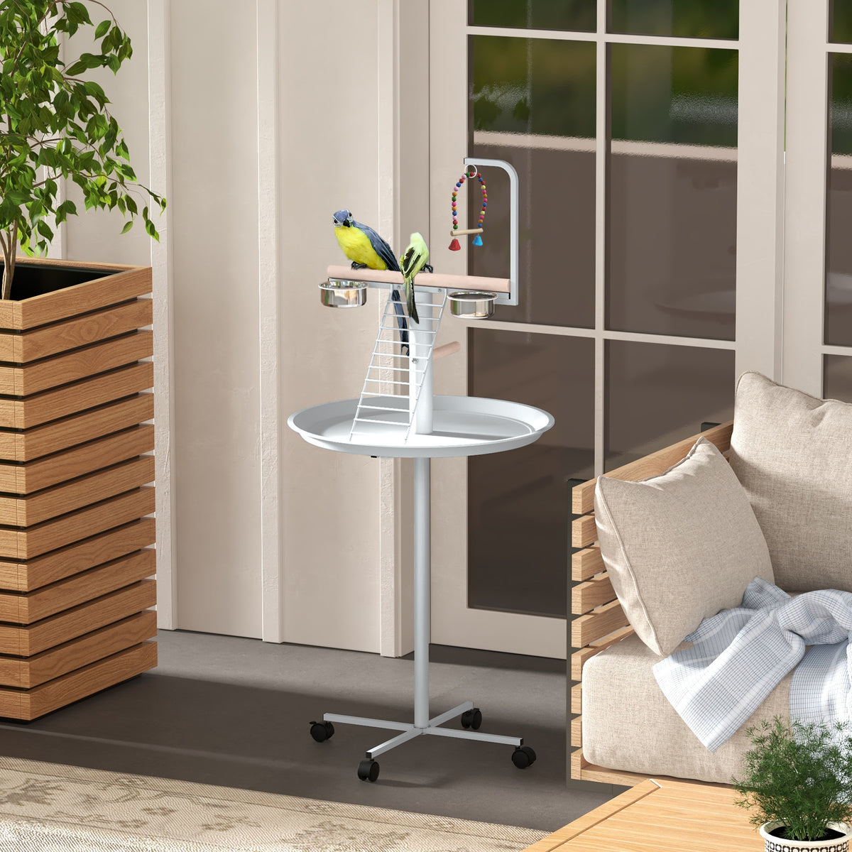 Mangeoire à oiseaux sur pied avec 4 roulettes perchoir 2 bols amovibles plateau rond acier inoxydable Ø 60 x 138H cm blanc-9
