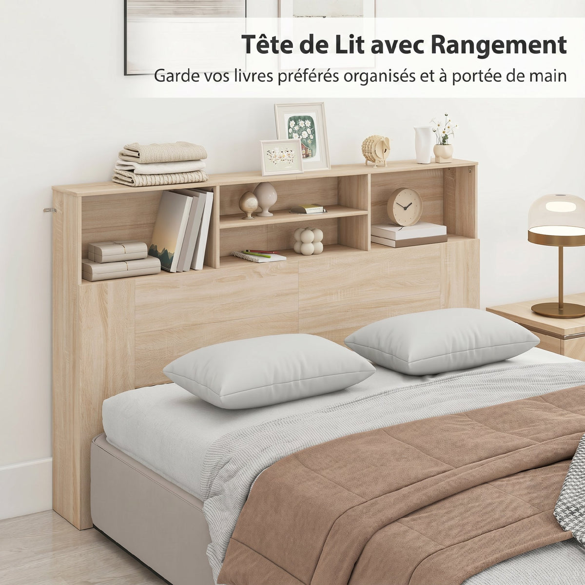 Tête de lit sur pied avec rangements, accessoire de lit 4 compartiments ouverts, 160 x 20,2 x 108,2 cm, bois naturel-3