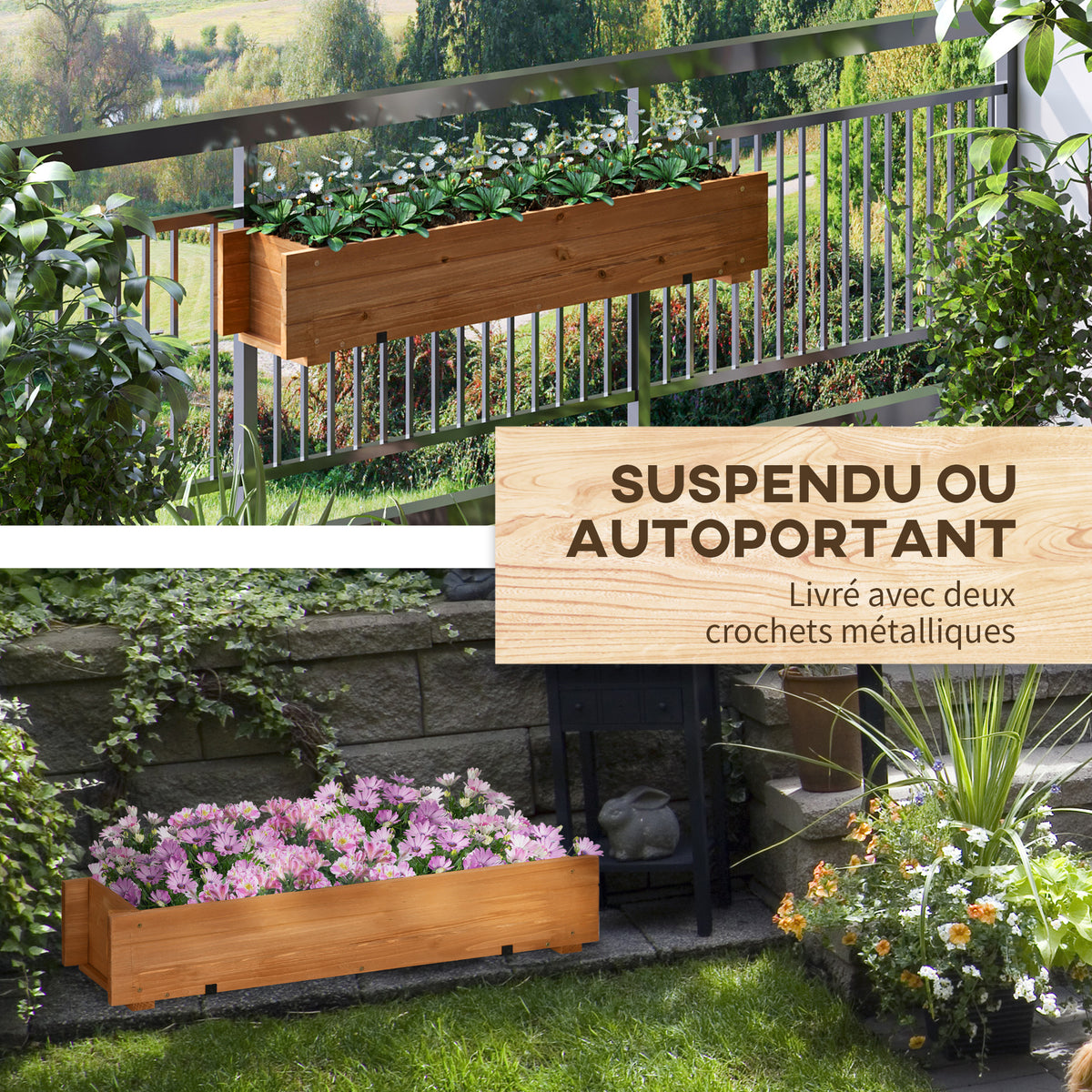 Jardinière rectangulaire en bois carré potager jardinière à suspendre avec 2 crochets 91 x 18 x 16,5 cm marron-3