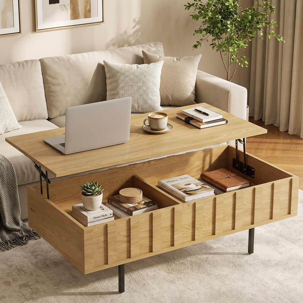 Table Basse Relevable avec 2 Compartiments Cachés et Latéraux Cannelés, Style Mid-Century Modern, 110x55x36,5cm, Chêne-9
