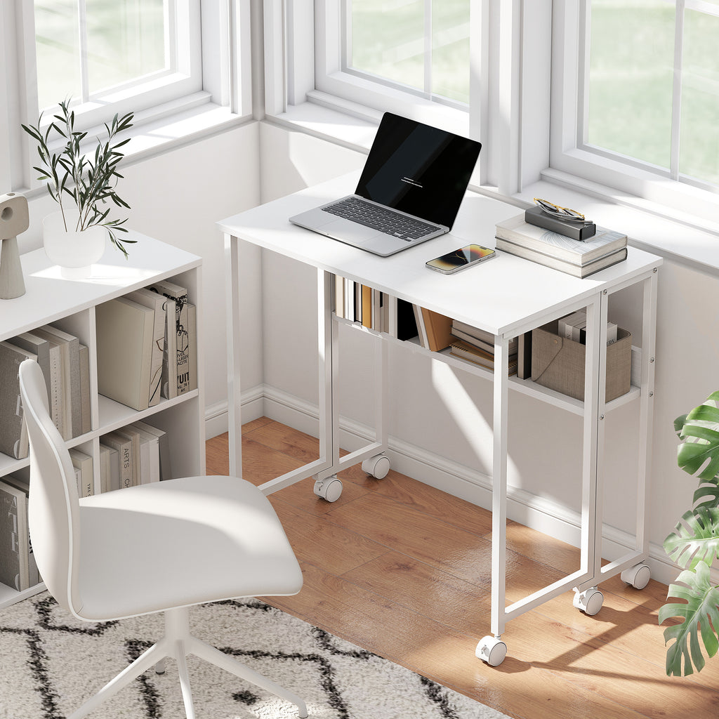 Bureau pliable sur roulettes 80 x 50 cm avec étagère et sac de rangement, blanc-9