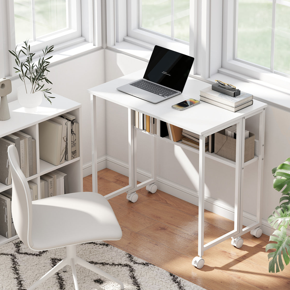 Bureau pliable sur roulettes 80 x 50 cm avec étagère et sac de rangement, blanc-9