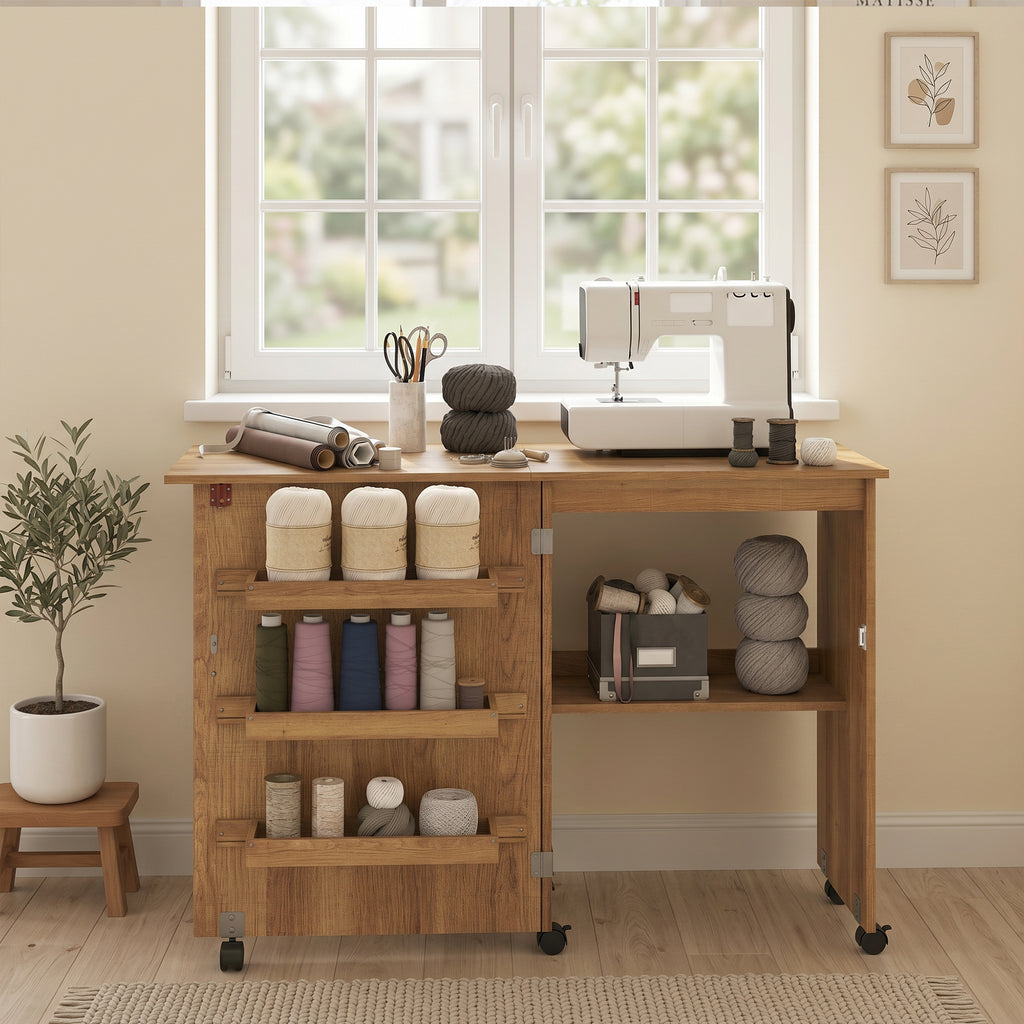 Table de couture pliante meuble couture à abattant avec bacs de rangement, étagère ouverte et roulettes, marron-8