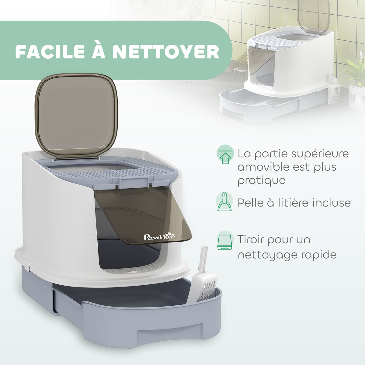 Maison de toilette pour chat bac à litière fermé chat avec porte translucide pelle incluse 40,5 x 52,5 x 42,5 cm gris-4