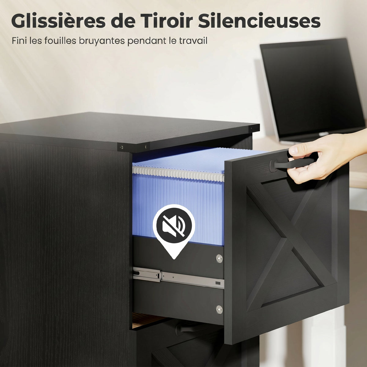 Caisson de Bureau avec 4 Tiroirs, Dossiers Suspendus pour Formats Lettre/A4, Style Rustique, 40x40x131cm, Noir-6