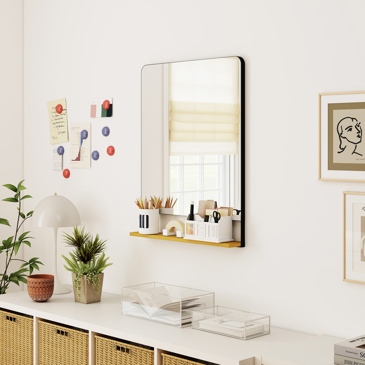 Miroir mural 80 x 60 cm avec étagère en bois, miroir rectangulaire moderne avec cadre en métal, noir-1