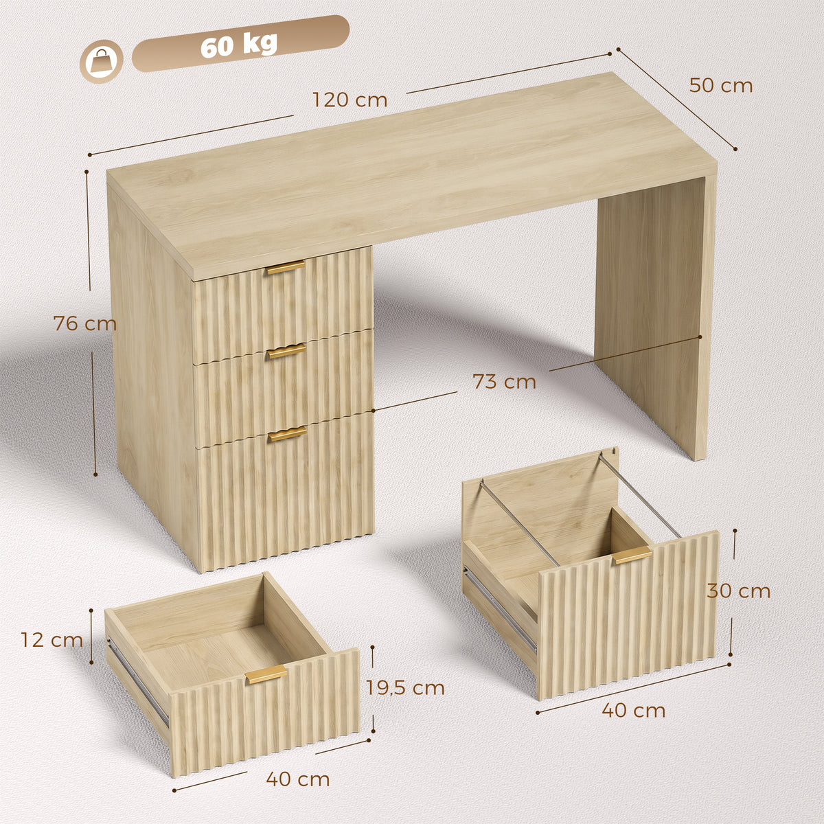 Bureau d'Ordinateur, Rangement Réversible, 3 Tiroirs Façades Ondulées, Plateau Épais et Spacieux, 120x50x76cm, Chêne-2