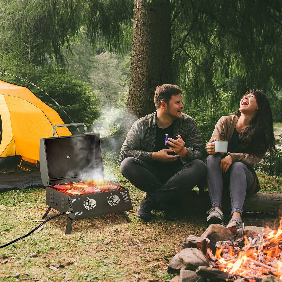 Barbecue gaz de Table transportable Pieds Pliables - 2 brûleurs 5 KW - Barbecue gaz de Camping - Grille de-1