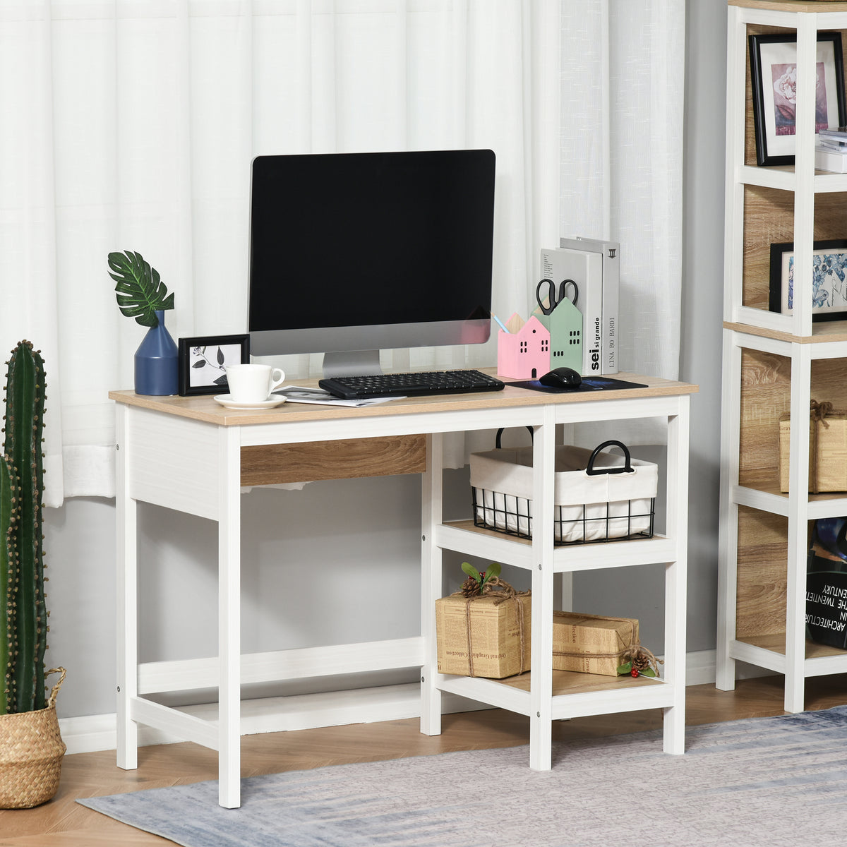 Bureau Informatique multimédia dim. 110L x 48l x 76H cm 2 étagères latérales MDF E1 chêne Clair Blanc-1