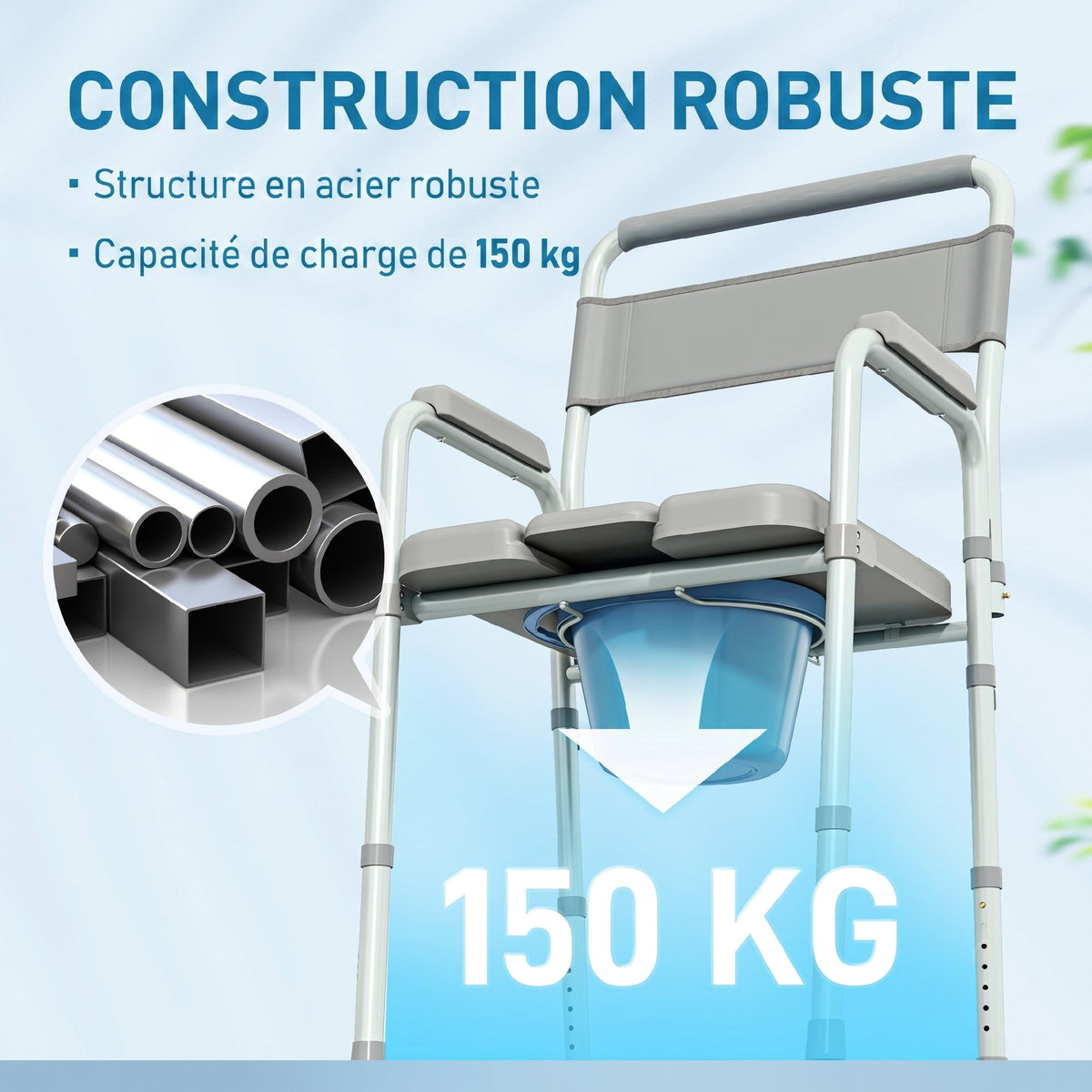 Chaise percée toilette pliable antidérapante hauteur réglable, siège et accoudoirs rembourrés, charge 150 kg, Gris-4