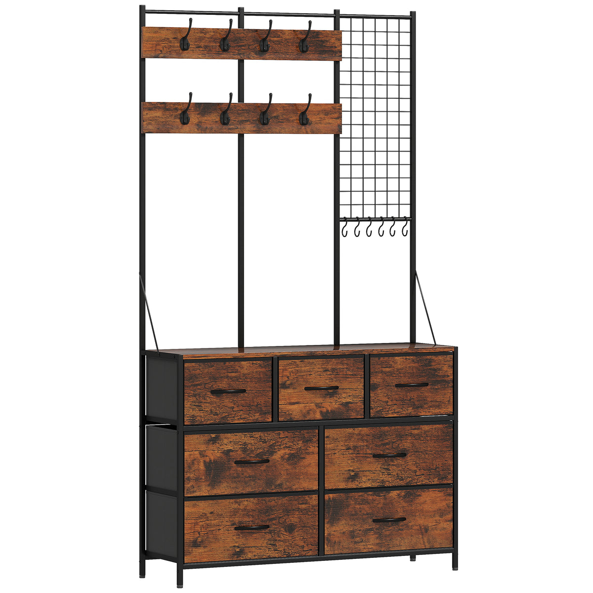 Meuble d'entrée 4 en 1, portemanteau, vestiaire avec 7 tiroirs en tissu et 14 crochets, 100 x 30 x 183 cm, brun rustique-0