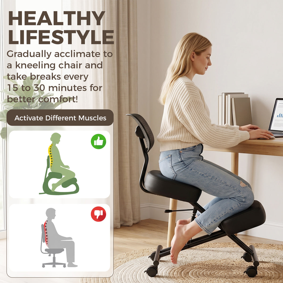 Chaise à Genoux Ergonomique avec Dossier, Siège Assis Genoux Réglable en PU sur Roulettes, Noir-7