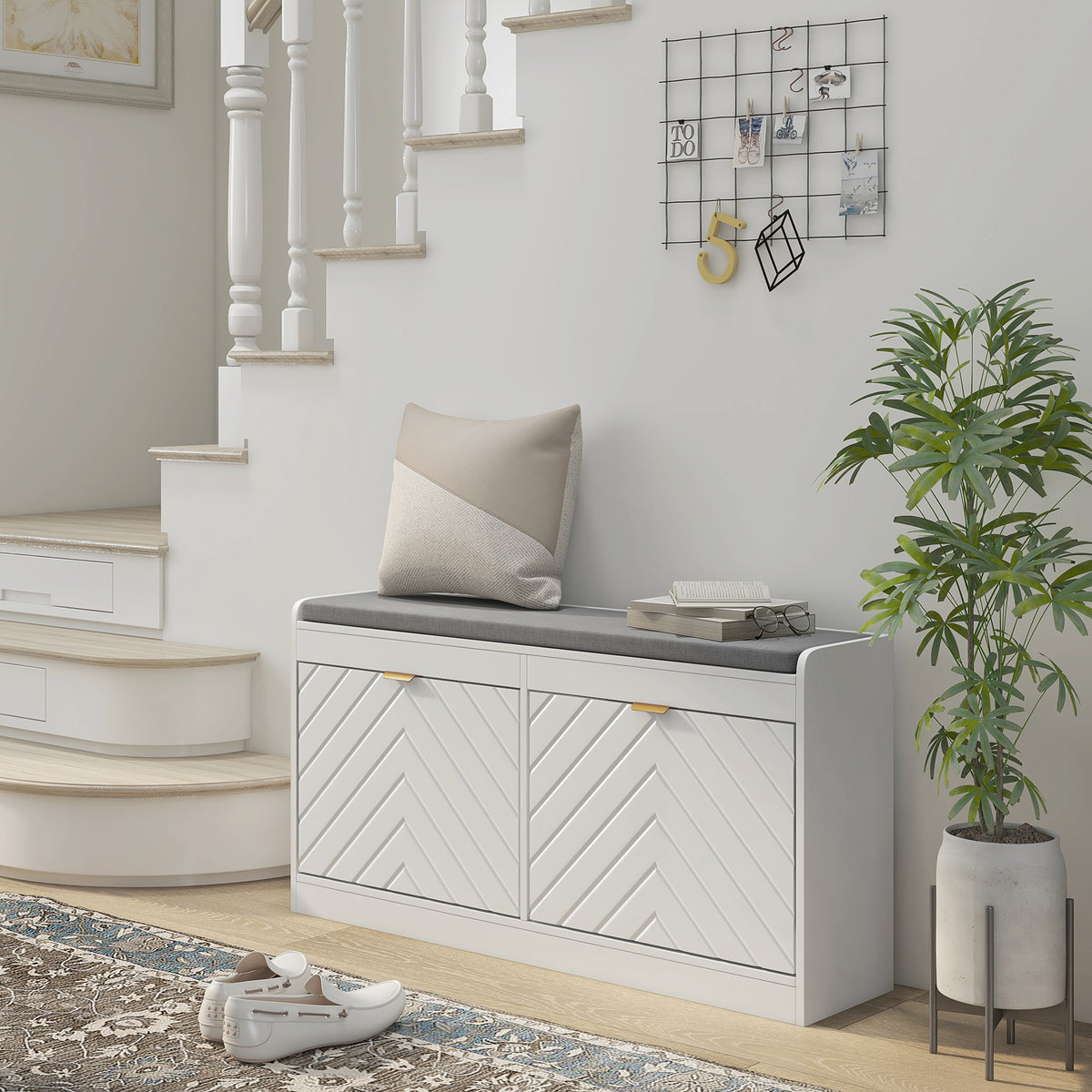 Banc à chaussures, banc de rangement, assise rembourrée, tiroir rabattable, porte avec motif 106 x 24 x 52,5 cm, blanc-1