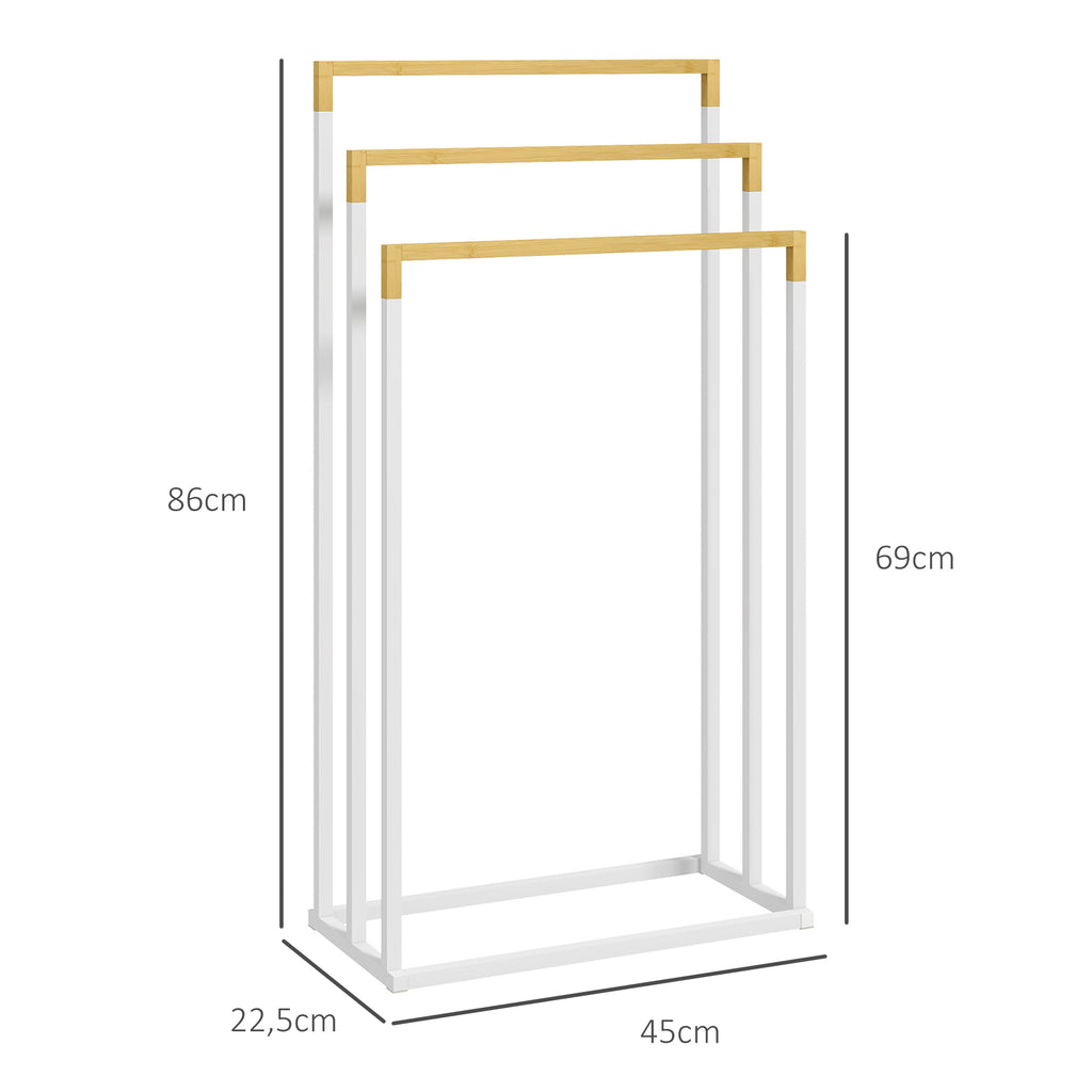 Porte-serviettes en bambou et acier sur pieds avec 3 barres support pour serviette 45 x 22,5 x 86 cm blanc et naturel-2