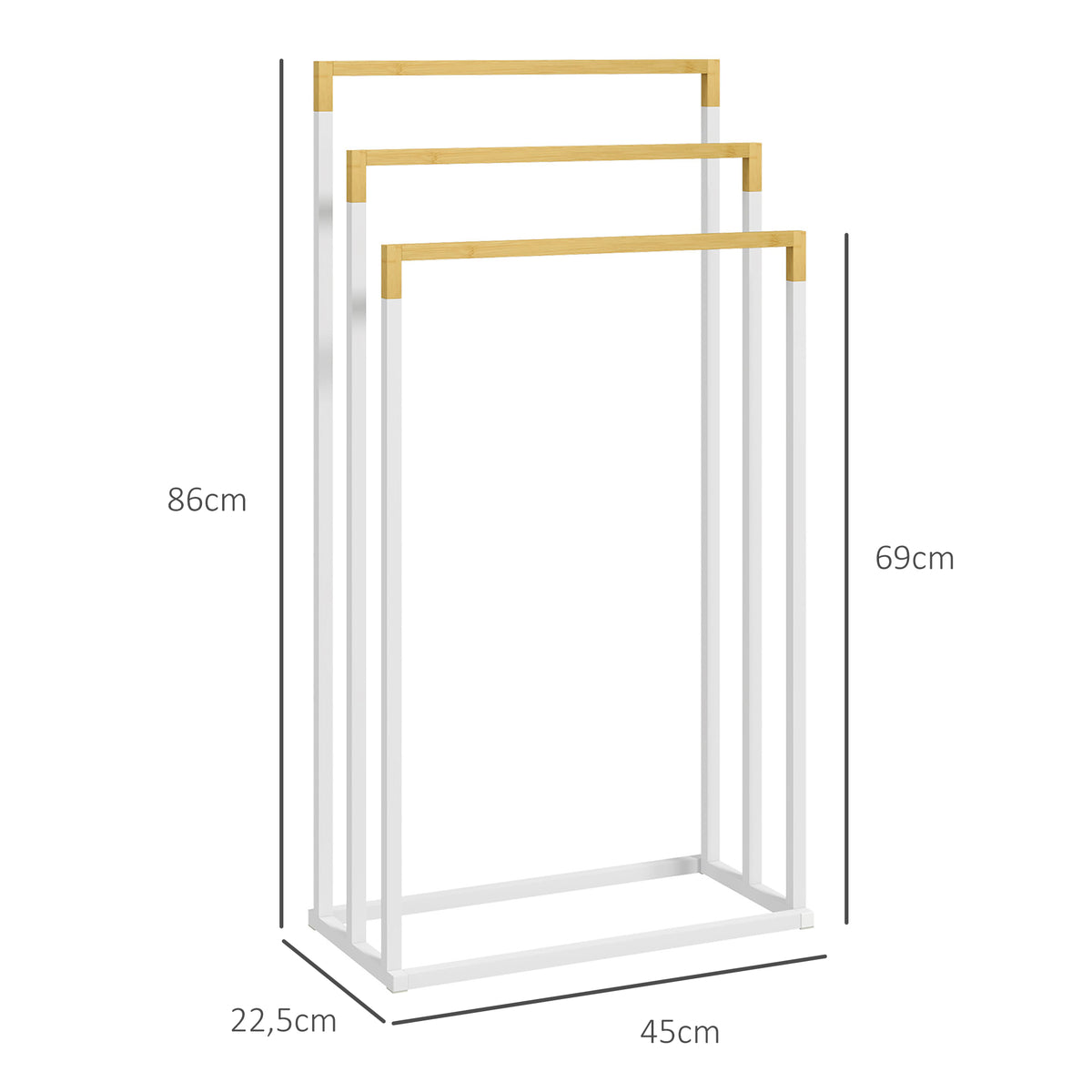Porte-serviettes en bambou et acier sur pieds avec 3 barres support pour serviette 45 x 22,5 x 86 cm blanc et naturel-2